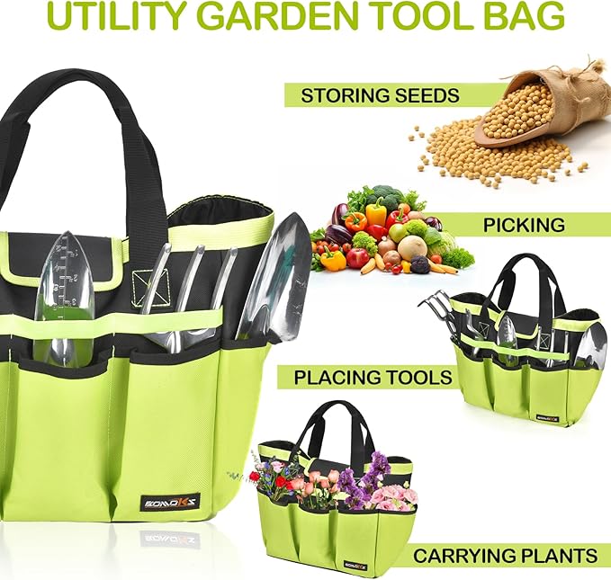 Garden Tool Bag with 10 Pockets,Heavy Duty Garden Plant Tool Set Store Content Bag,Garden Tool Organizer,Great Gardening Gifts,Green