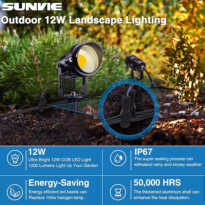 SUNVIE 12W LED Low Voltage Landscape Lights, Outdoor 12V 3000K Warm White (900LM) Waterproof Garden Pathway Lights Wall Tree Flag Spotlights with Spike Stand, 2 Pack with Connector