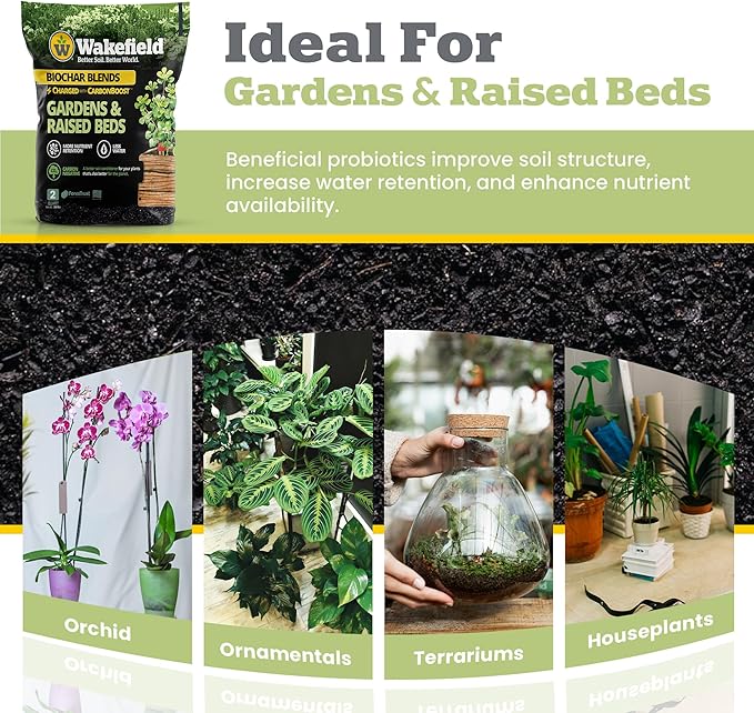 Wakefield Premium Biochar Blend with CarbonBoost & Advanced Probiotics - Ultimate Organic Potting Soil Mix for House Plants, Gardens and Raised Beds - Enhanced Water & Nutrient Retention - 2Quarts