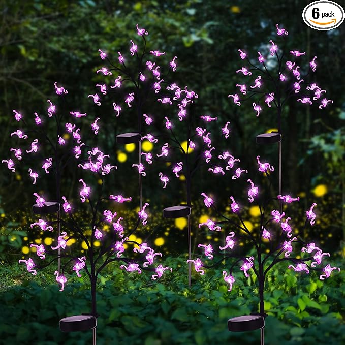 6 Pcs Pink Flamingos Yard Decoration Solar Flamingo Stake Lights Outdoor LED Yard Decorations for Pathway Lawn Patio Walkway Christmas, 29.5" Height