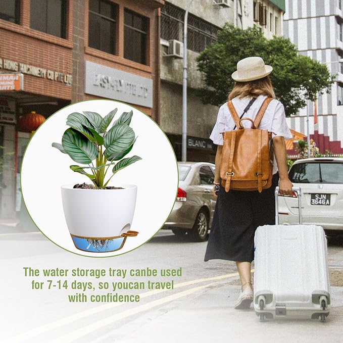 10 inch Self Watering Pots, 2 Pack Plastic Planters with Mesh Drainage Holes for Garden Plants, Plants Pots with Deep Reservoir for Indoor Outdoor Plants, White with Brown