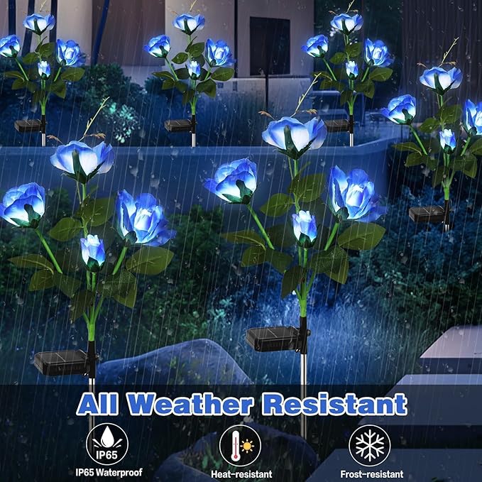 Solar Garden Lights Outdoor, 4 Pack Solar Flower Lights Outdoor Waterproof with 16 Rose, 2 Modes Realistic Rose Flower for Yard, Pathway, Garden Decor & Gardening Gift