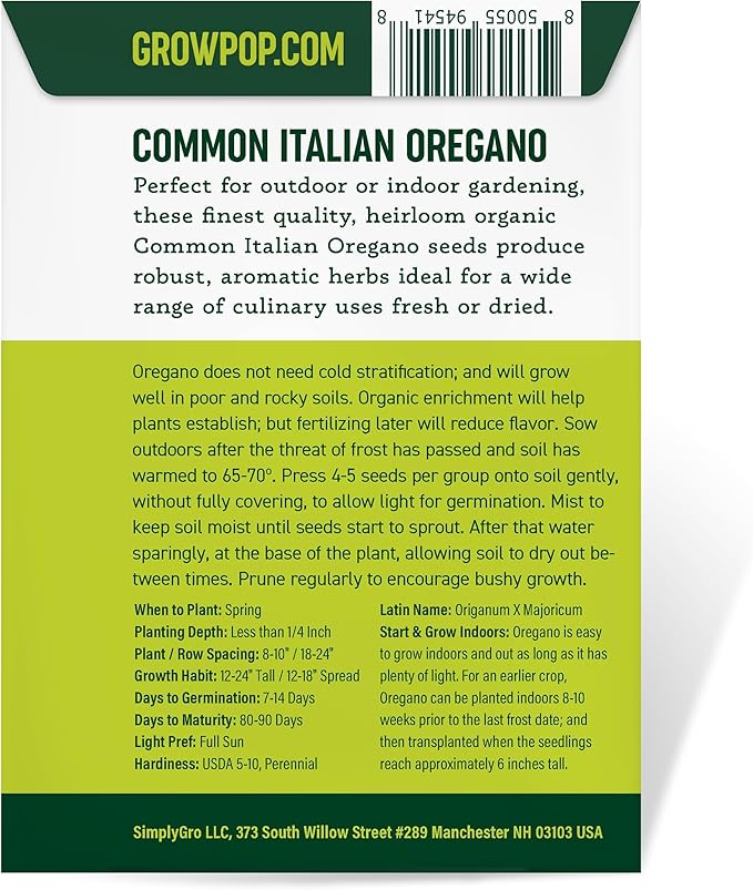 Organic Common Italian Oregano Seeds - USDA Organic, Non-GMO, Open Pollinated, Heirloom (5 Packets - 2.5 Grams - Approx 2250 Seeds)