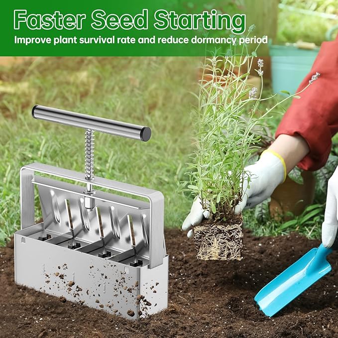 Soil Blocker, 4 Cell Soil Block Maker 2 Inch with 3 Sizes Seed Pins, Seed Handheld Block Maker with Comfortable Handle, Garden Blocking Tools for Seedings, Cuttings, Greenhouses
