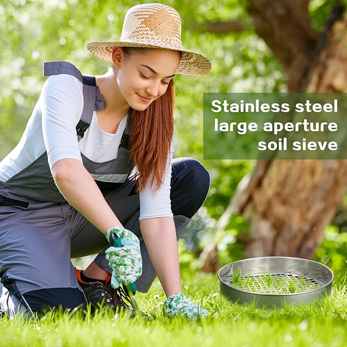 11.81 Inch Sand Sifter Sieve for Gardening Sand Sifter Garden Dirt Sifter for Rocks Stainless Steel Soil Riddle Sieve Mesh Filter Compost Screen 12.5 mm in Hole Size Bonsai Gardening Tool