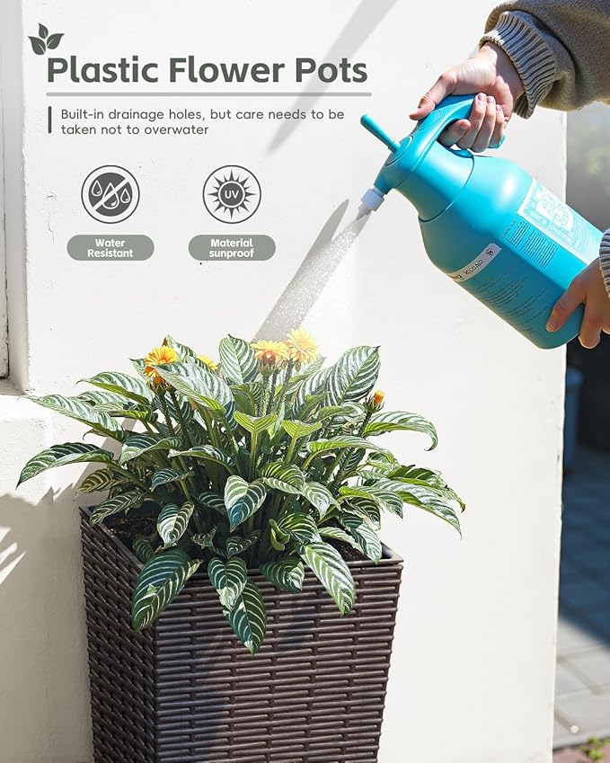 Greesum 24 Inch Tall Plastic Planters with Rattan Texture – Set of 2, Detachable Inner Pot & Drainage Holes, Indoor/Outdoor Decorative Flower Pots for Large Plants, Trees, Patio, and Garden, Brown