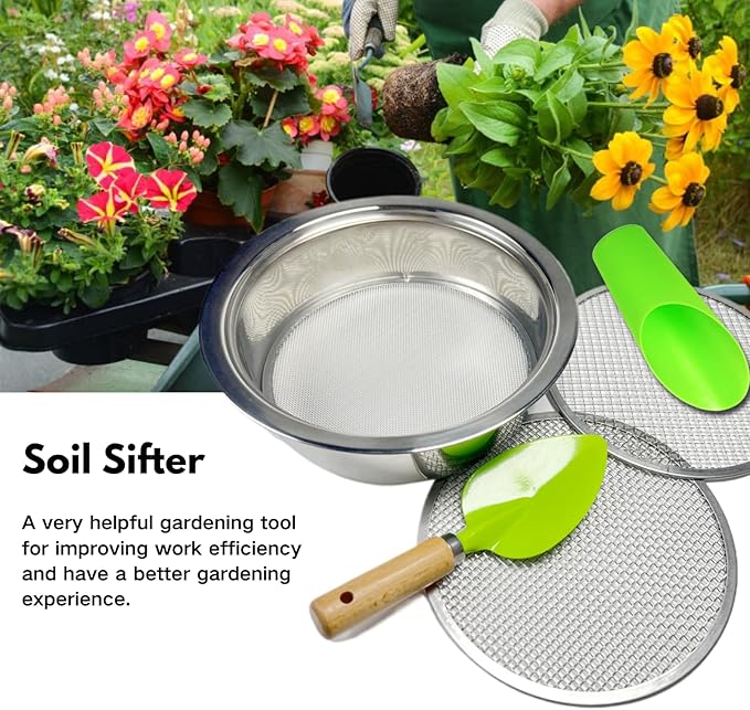 Soil Sifter for Gardening, Stainless Steel Sifting Pan Dirt Sifter, 9.5in Rock Sifter with 3 Sieve Mesh Filter Sizes (0.04",0.12",0.2")