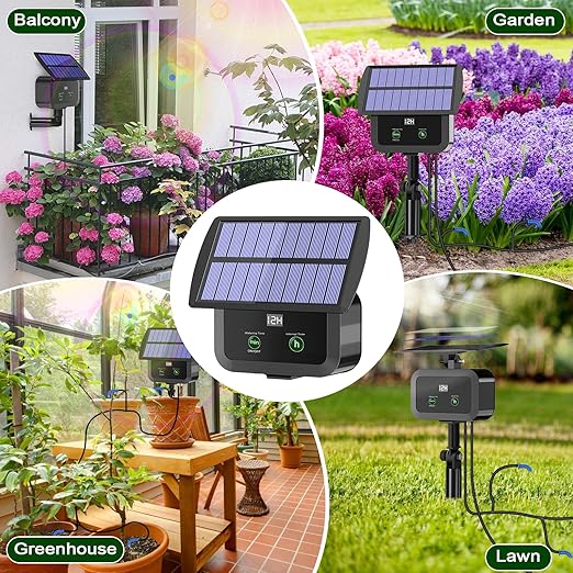 LCD Display Solar Drip Irrigation System Kit, 30 Working Modes & 10 Watering Interval Solar Powered Drip Irrigation Kit Supports 15 Potted Plants, 2200mAh Automatic Watering System for Garden