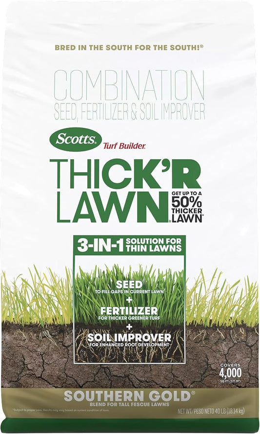 Scotts Turf Builder Thick'R Lawn Southern Gold Blend for Tall Fescue Lawns, Grass Seed, Fertilizer, and Soil Improver, 40 lb.