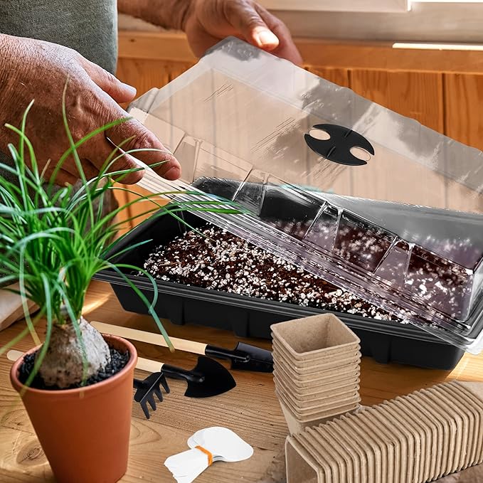 6 Pack Seed Starter Tray Kit with 120 Square Peat Pots for Seedlings, Including Plants Labels, Planting Tools, Growing Trays Plastic Germination Tray Paper Starter Pods for Plant Seeds, Black