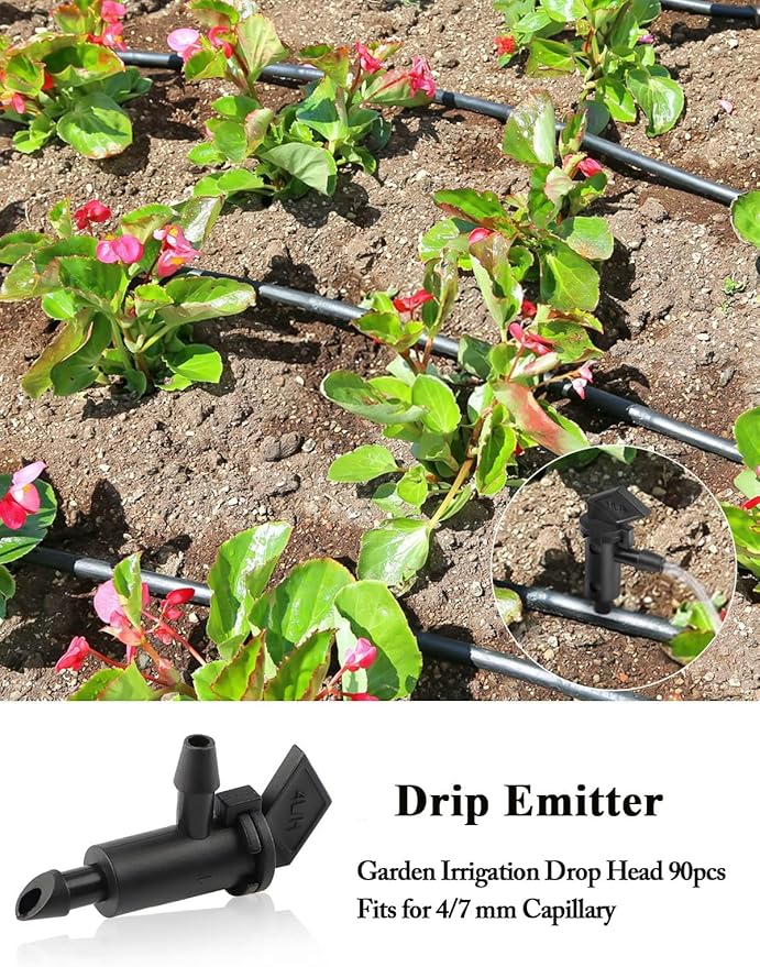 Kalolary 90 Pieces Drip Emitter, 3 Colors Garden Flag Irrigation Drippers in 3 Sizes, 1 GPH, 2 GPH, 4 GPH Per Hour for Trees and Shrubs Watering