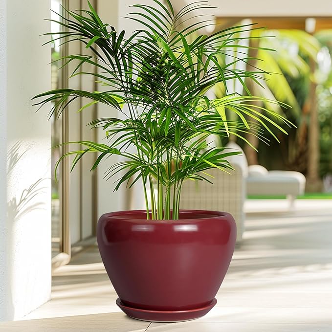 10 Inch Plant Pot - Ceramic Planter Pot with Drainage Hole and Saucer Large Planter for Indoor Plants Round Outdoor Flower Pot Mid-Century Decor Red