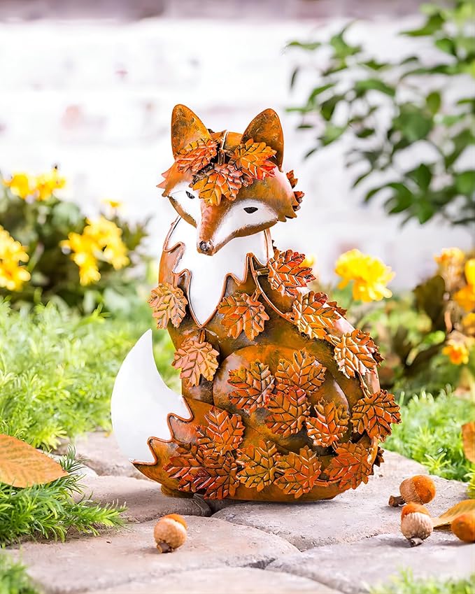 Elenon Outdoor Metal Fox Statue Art Decoration, Garden Handcrafted Standing Fox Ornament Decor with Fall Leaves, Mid Century Fox Figurine Decor for Patios, Lawns, Flower Bed