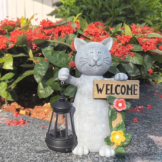 Solar Cat Statue with Solar Lantern-Outdoor Garden Décor, LED Lighted Kitty Figurine for Patio, Lawn,Yard-Valentine's Day, Birthday Gifts for Mom,Grandma,Cat Lovers