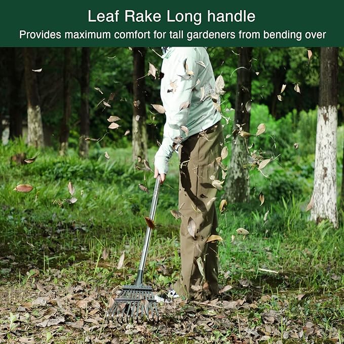 Leaf Rake for Leaves, 8" Wide Heavy Duty Metal Garden Rake 11 Tines, Adjustable Lawn Yard Shrub Kids Rake, 5.2ft