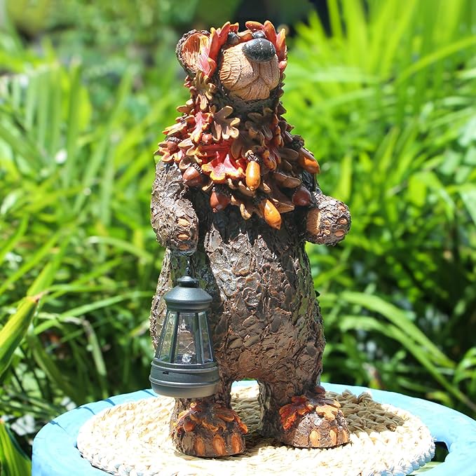 Solar Garden Statue Bear Figurine, Garden Art Outdoor Statues with Solar Lantern, Loving Bear for Patio, Balcony, Yard, Lawn, Unique Housewarming Gifts