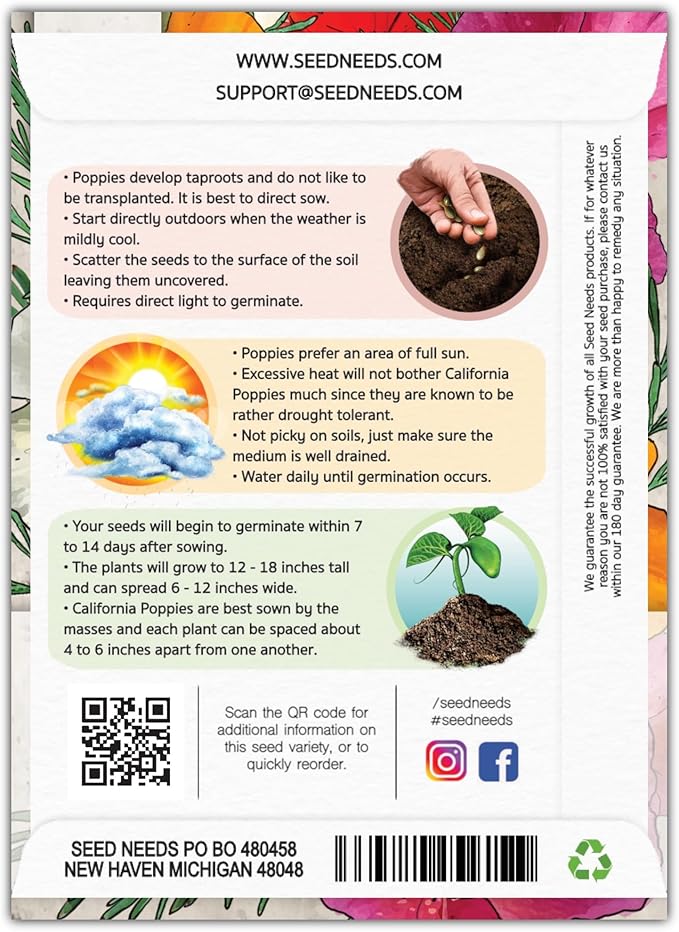 Seed Needs Mixed California Poppy Seeds for Planting - Heirloom & Open Pollinated Tender Perennial - Colorful Mixture of Flowers to Plant a Butterfly Garden (2 Packs)