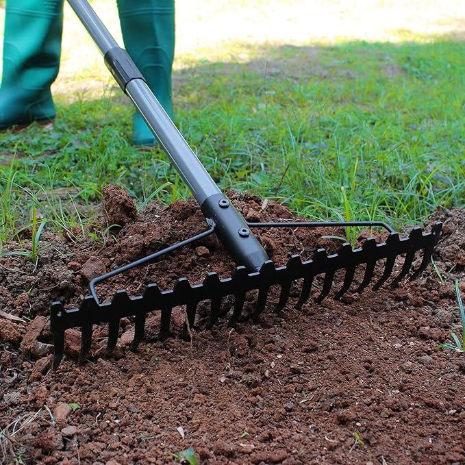 Walensee 5.4FT Bow Rake Heavy Duty Garden Rake with Stainless Steel Handle, 17 Steel Tines Metal Head Rake Tool for Loosening Soil Gathering Leaf Leveling Lawn Farming Land Management Yarn Thatch Rake