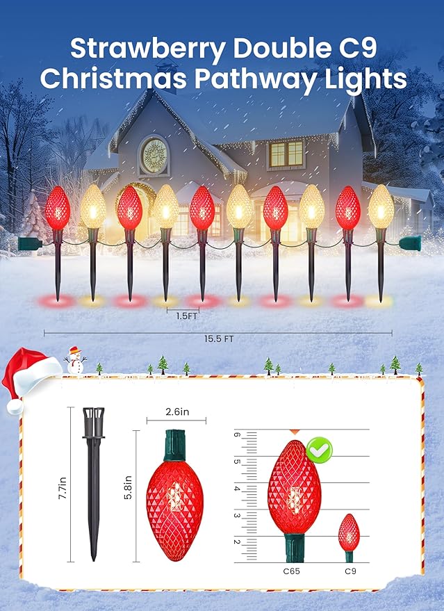 Double C9 Christmas Pathway Lights Outdoor - 2 Pack 13.5Ft 10 LED With 10 Marker Stakes for Walkway, Waterproof Plug-in C9 Strawberry Christmas Decorations for Driveway, Red & Warm White