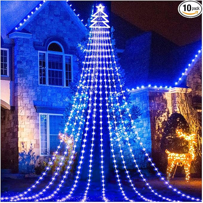 Outdoor Christmas Decorations Star String Lights 420 LED Waterproof Waterfall Lights with Christmas Tree Topper, 8 Lighting Modes Tree for Yard Patio Garden Party (Blue)