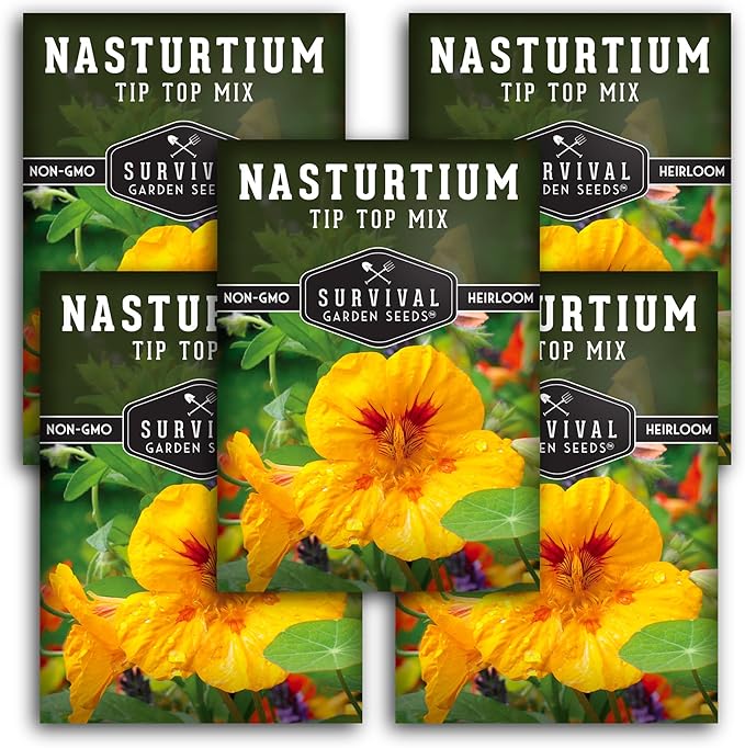 Survival Garden Seeds - Tip Top Mix Nasturtium Seeds - 5 Packs with Instructions to Plant and Grow Edible Flowers & Companion Plants in Your Home Vegetable Garden - Non-GMO Heirloom Variety