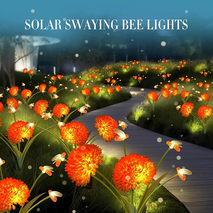 Solar Garden Lights, 2 Pack Solar Swaying Bee Lights with Flowers, Waterproof Solar Firefly Lights Outdoor for Garden Patio Yard Pathway Fall Decoration, Gifts for Women Mother's Day