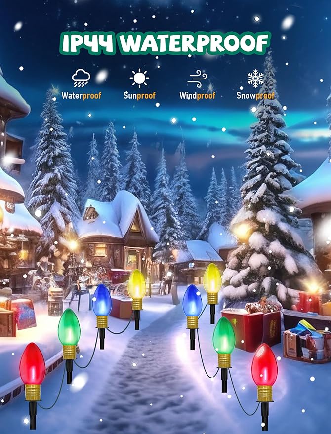 Jumbo C9 Christmas Pathway Lights Outdoor, 2Pk Total 14Ft Outdoor Christmas Decorations with 8 LED Jumbo C9 Clear Multicolor Light Bulbs, Christmas Walkway Lights for Lawn Holiday Yard Garden Sidewalk