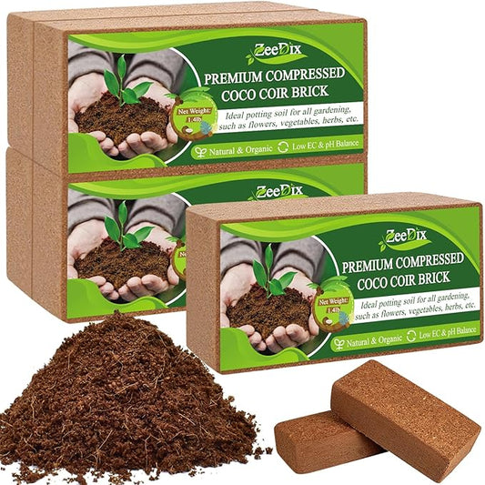 ZeeDix 5Pcs Premium Compressed Coco Coir Brick=12Gallons Coconut Coir Potting Soil for Planting, 7Lbs Coco Block with Low EC and pH Balance for Gardening Plants Flower Herbs and Vegetables