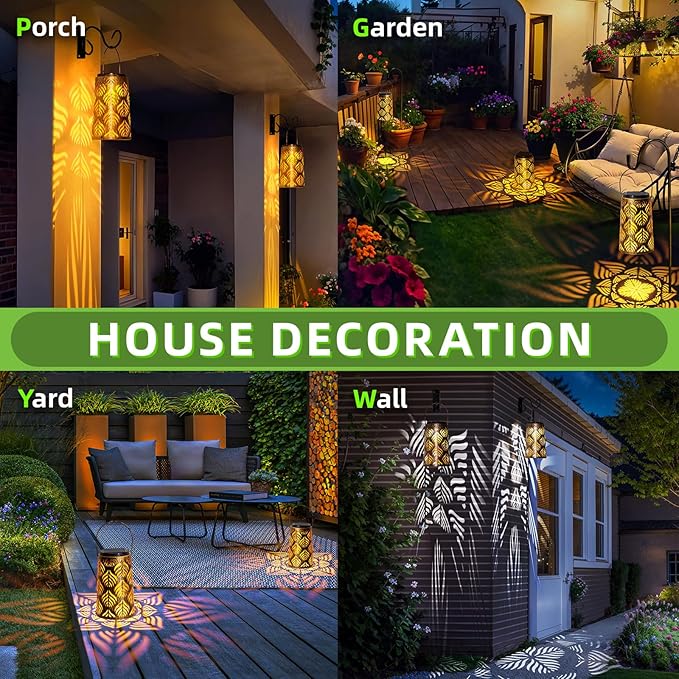 JSOT Solar Lanterns - Solar Hanging Lights for Outside Decorative Hanging Solar Lantern Vintage Solar Table Lamps Wall Mount for Front Porch Patio Tree (4 Pack)