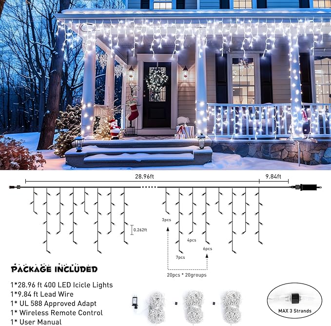 JMEXSUSS 400 LED White Icicle Lights for Outside, 38.8ft Connectable Icicle Christmas Lights Outdoor Indoor Plug in, Connectable String Light for House Patio Party Room Holiday Wedding Decorations