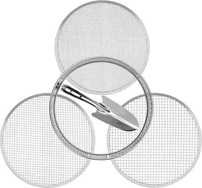 Soil Sieve Garden Potting Riddle Sieve Stainless Steel Soil Sieve Set, With 3 Interchangeable Filter Mesh Sizes 3,6,9mm and Bonus Spade