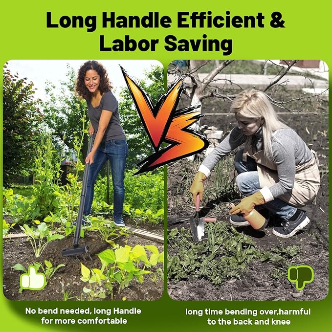 Stirrup Hula Garden Hoe with 4 Tines Rake, 2 in 1 Yard Weed Puller Gardening Weeding Tools, Garden Tiller Cultivator with 62.6" Adjustable Handle for Garden Weeding,Seeding,Ditching,Loosening Soil