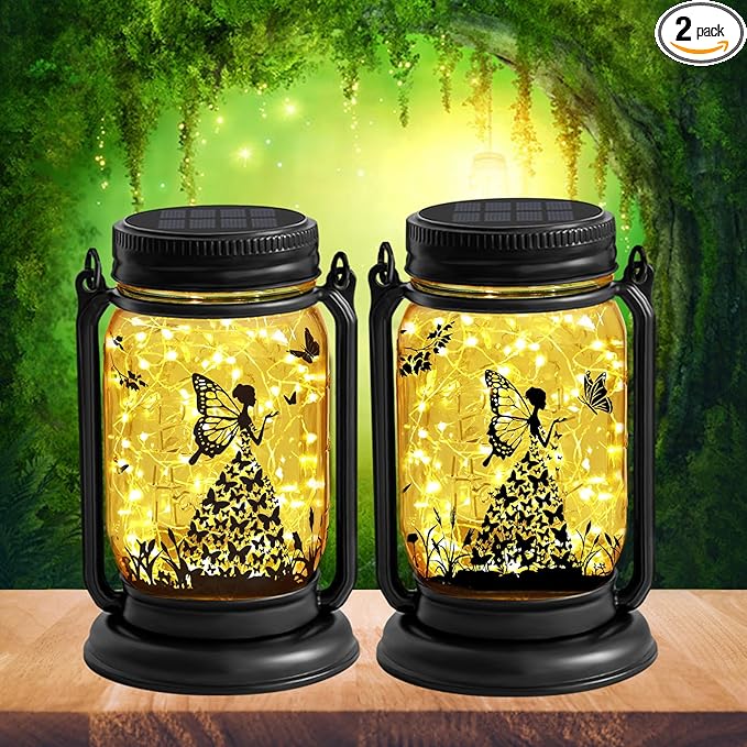YJFWAL 2 Pack Outdoor Hanging Solar Lanterns, Birthday Mothers Day Gifts for Women Mom Grandma,Fairy Butterfly Vintage Glass Mason Jar, Waterproof Garden Lights for Patio Yard Lawn Tree Party Decor