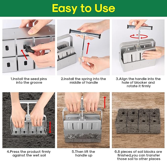 Upgraded Soil Blocker, 8 Cell Seed Blocker 2 inch Quad Soil Block Maker Manual with 3 Types of Seed Pins,Hand-held Soil Blocking Tool for Seed Stater Tray Outdoor Plants