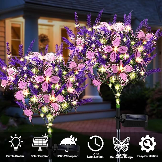 Solar Garden Lights Outdoor, 6 Pack Solar Butterfly Lights Purple Lavender Gardening Gifts for Women, Purple Solar Artificial Flower with Butterfly Purple Garden Decor for Lawn Patio-Warm White