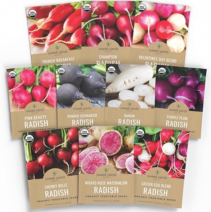 Organic Radish Seeds Variety Pack - 10 Individual Packs - 2025 Season - Pink Beauty, Purple Plum, French Breakfast, Misato Rose and More! for Indoor & Outdoor Planting (Non-GMO, Certified Organic)