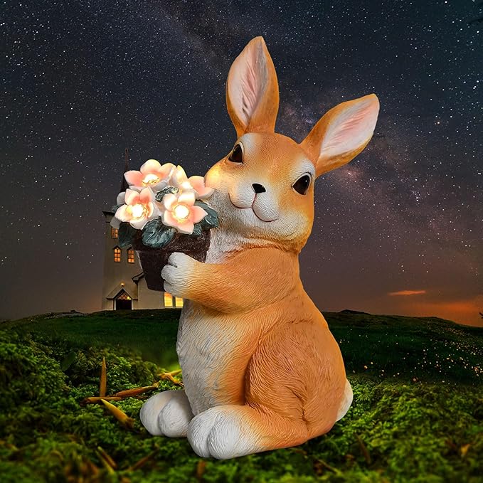 SIX FOXES Solar Garden Outdoor Statues Bunny with Flowers LED Lights - Large Size XXL(10.4×4.5×5.7 inches), Rabbit Decor for Patio, Balcony, Yard, Lawn Ornament, Unique Gifts for Everybody