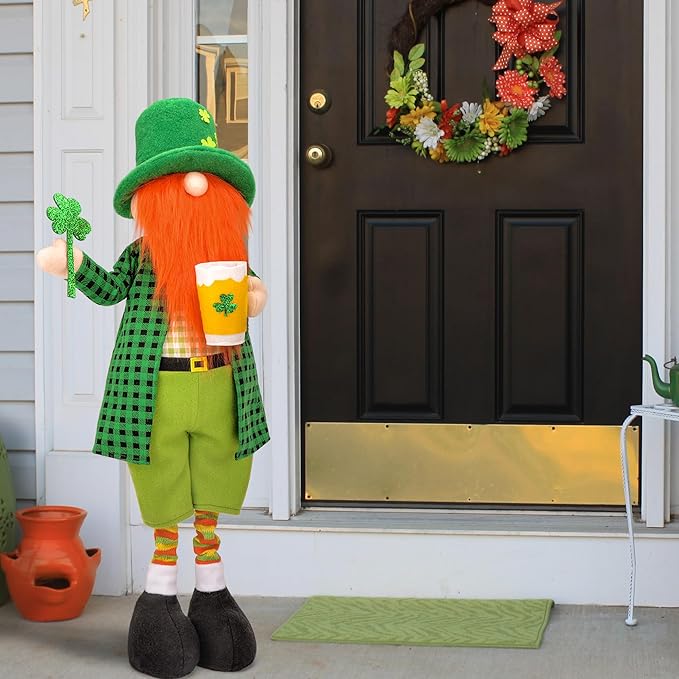 Large St Patricks Day Gnome Plush Decorations Outdoor, Cute Standing Saint Patricks Day Gnomes Gift Decor with Retractable Spring Legs, Placed Outside Yard/Porch/Garden/Indoor/Home/Office
