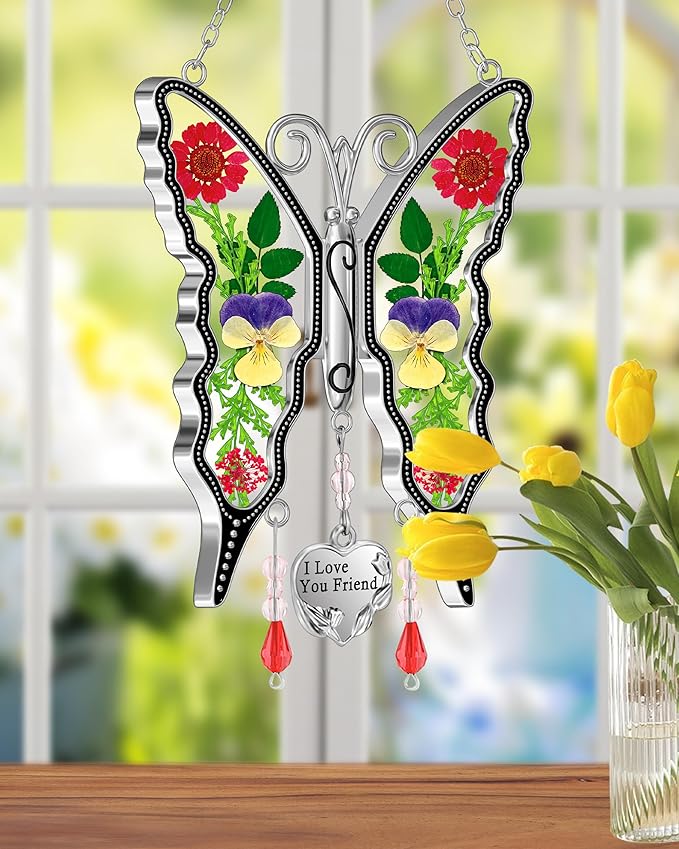 KY&BOSAM Butterfly Suncatcher I Love You Friend Stained Glass Butterfly Suncatchers Hanging for Window Wind Chime Car Charms Gifts for Friend Mother`s Day Valentine's Birthday Christmas Thanksgiving
