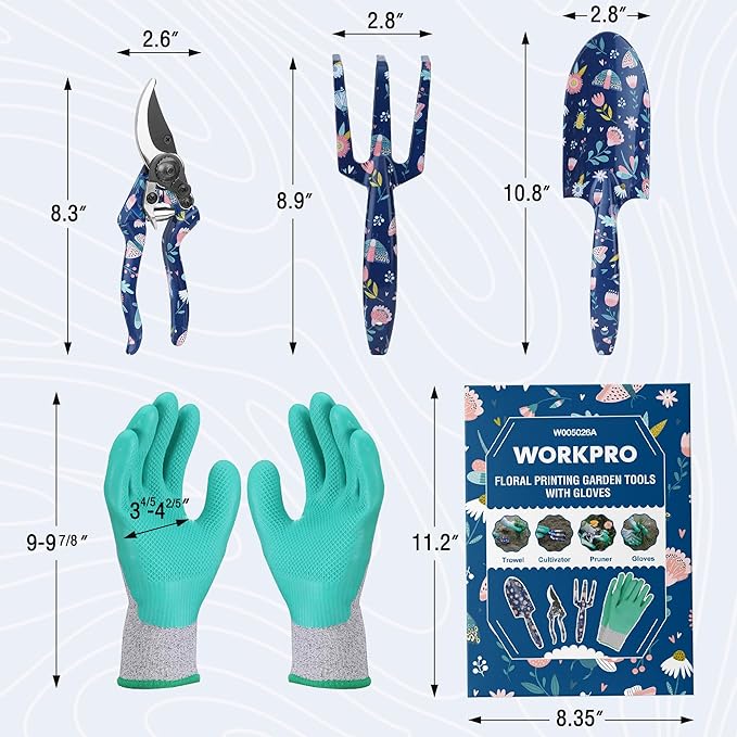 WORKPRO Aluminum Garden Tool Set, 4PCS Heavy Duty Hand Garden Tools with Box Include Trowel, Rake, Pruner, Garden Gloves, Floral and Insect Printing, Garden Gifts