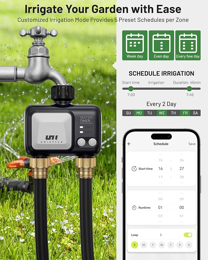 Unistyle WiFi Sprinkler Timer 2 Zone, Programmable Smart Water Timer 2 Outlet, WiFi Irrigation Controller with Rain Delay/Auto Mode/Manual, Outdoor Hose Timer for Lawns, Yards and Garden