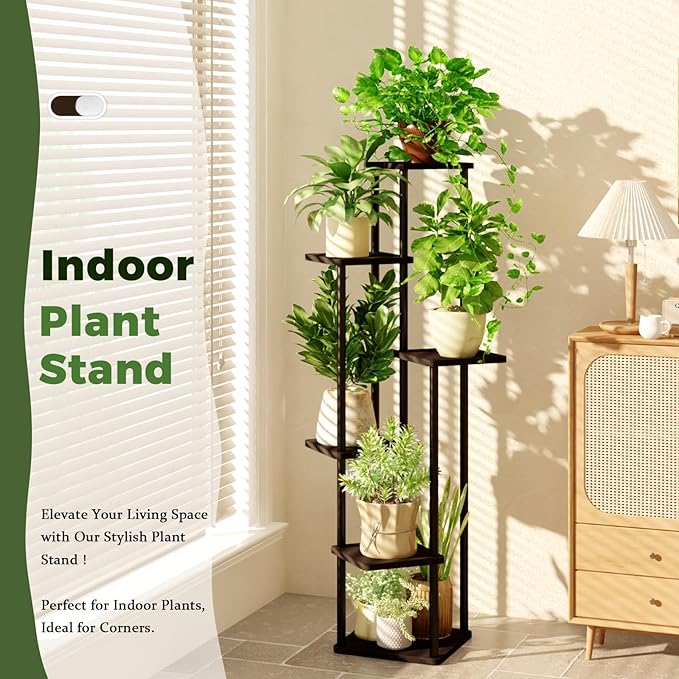 6 Tiered Plant Stand Indoor Corner Plant Shelf for Multiple Plants for Patio Garden Balcony Living Room Bedroom, Tall Metal Flower Pots Stand Relaxing for Women Gift Black Oak