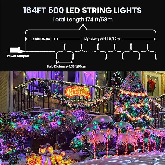 175Ft Christmas Lights Outdoor, 500 LED Christmas String Lights with 8 Modes, Timer, Waterproof Fairy Twinkle Lights for Christmas Party, Garden, Wedding, Holiday, Xmas Tree Decorations (Multicolor)