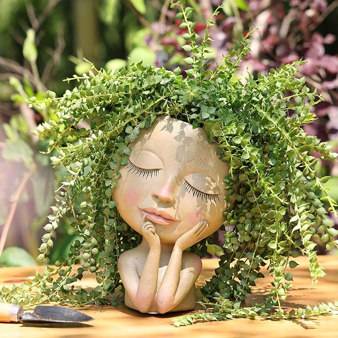AIMEBBY Resin Head Face Planter Flower Pot for Indoor and Outdoor Plants with Drainage Hole (Large Size)…