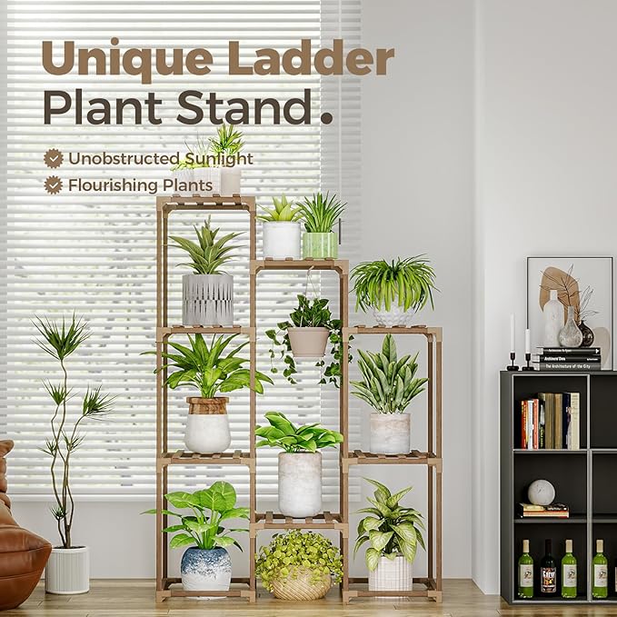 Bamworld Plant Stand Indoor Hanging Plants Shelf 7 Pots Tall Ladder Plant Holder Large Wood Flower Stand for Living Room Rack Multiple Plants for Patio Balcony Garden