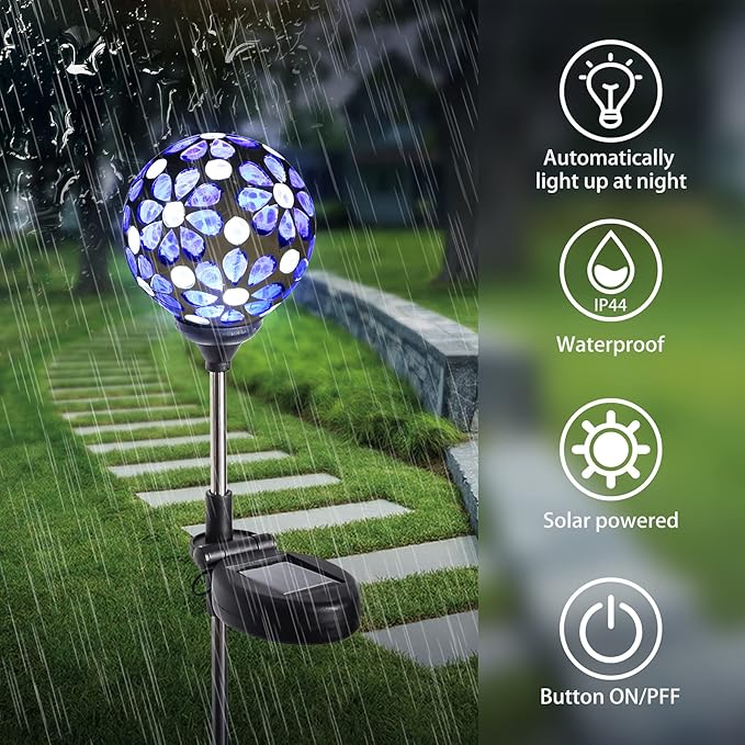 WNP Solar Garden Decorative Stakes Blue Outdoor Waterproof Mosaic Solar Powered Flower Petal Ball Light Colorful Glow for Yard Pathway Great Gift for Mom and Girls