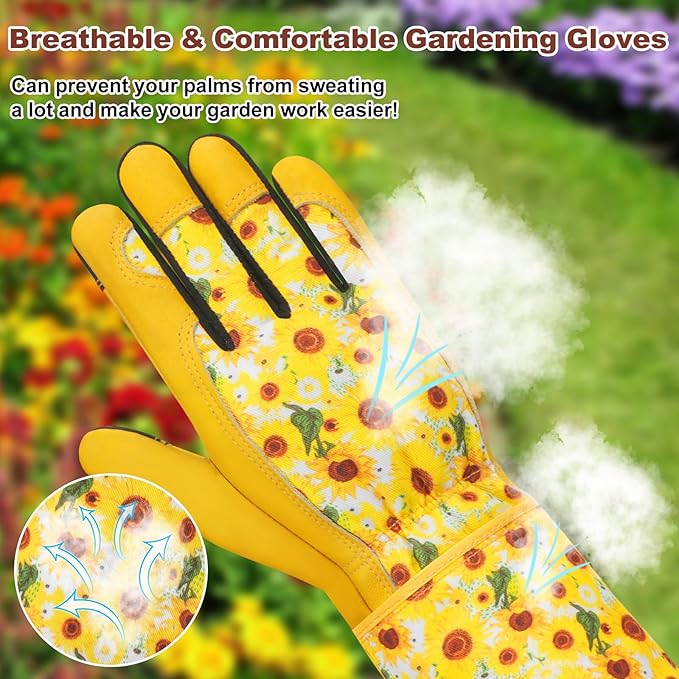 DLY Gardening Gloves for Women, Rose Gloves Gardening Thorn Proof, Long Garden Gloves for Women, Breathable Cowhide Leather Gauntlet (Medium, Yellow