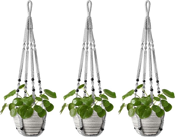 Mkono Macrame Plant Hanger Indoor Hanging Planter Basket with Wood Beads Decorative Flower Pot Holder No Tassels for Indoor Outdoor Boho Home Decor 35 Inch, Gray, Set of 3 (POTS NOT Included)