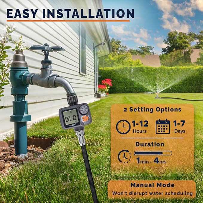 Morvat Sprinkler Timer Outdoor, Garden Hose Faucet Water Timer with Rain Delay, Programmable Automatic/Manual Modes, Watering Irrigation Timer System + Teflon Tape, 2 Spare Washers & 2 Filter Washers