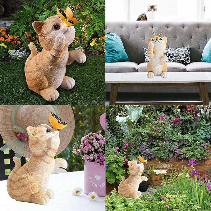 Solar Garden Statue Cute Cat Figurine Fun Color Changing LED Butterfly Light Outdoor Decor Waterproof Resin Sculpture Patio Lawn Art Housewarming Gifts for Cat Lovers Women